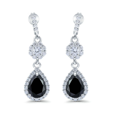 Halo Dangle & Drop Earrings Pear Simulated Black CZ 925 Sterling Silver